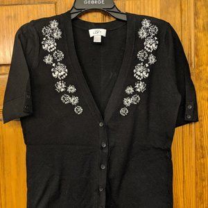 Black with White Stitched Flowers Cardigan